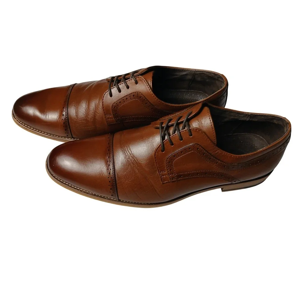 Stacy Adams Mens Cap Toe Oxford Dress‎ Shoes Cognac Brown Leather Brogue Lace Up